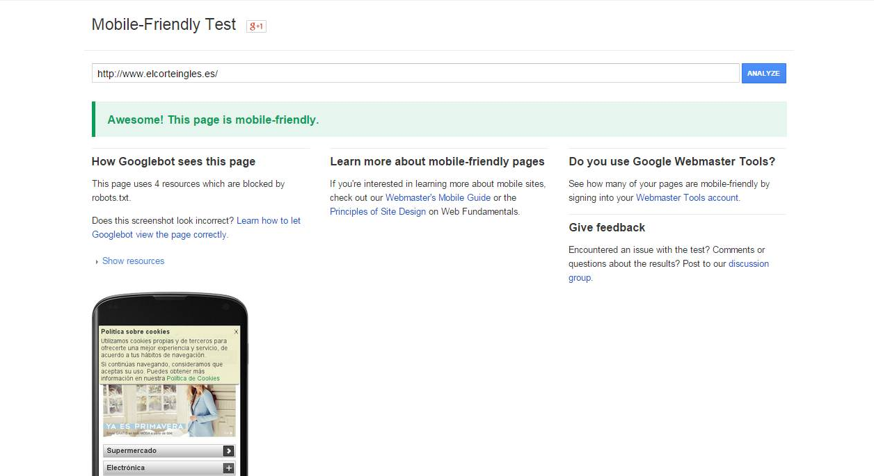 Test web mobile google El Corte Inglés